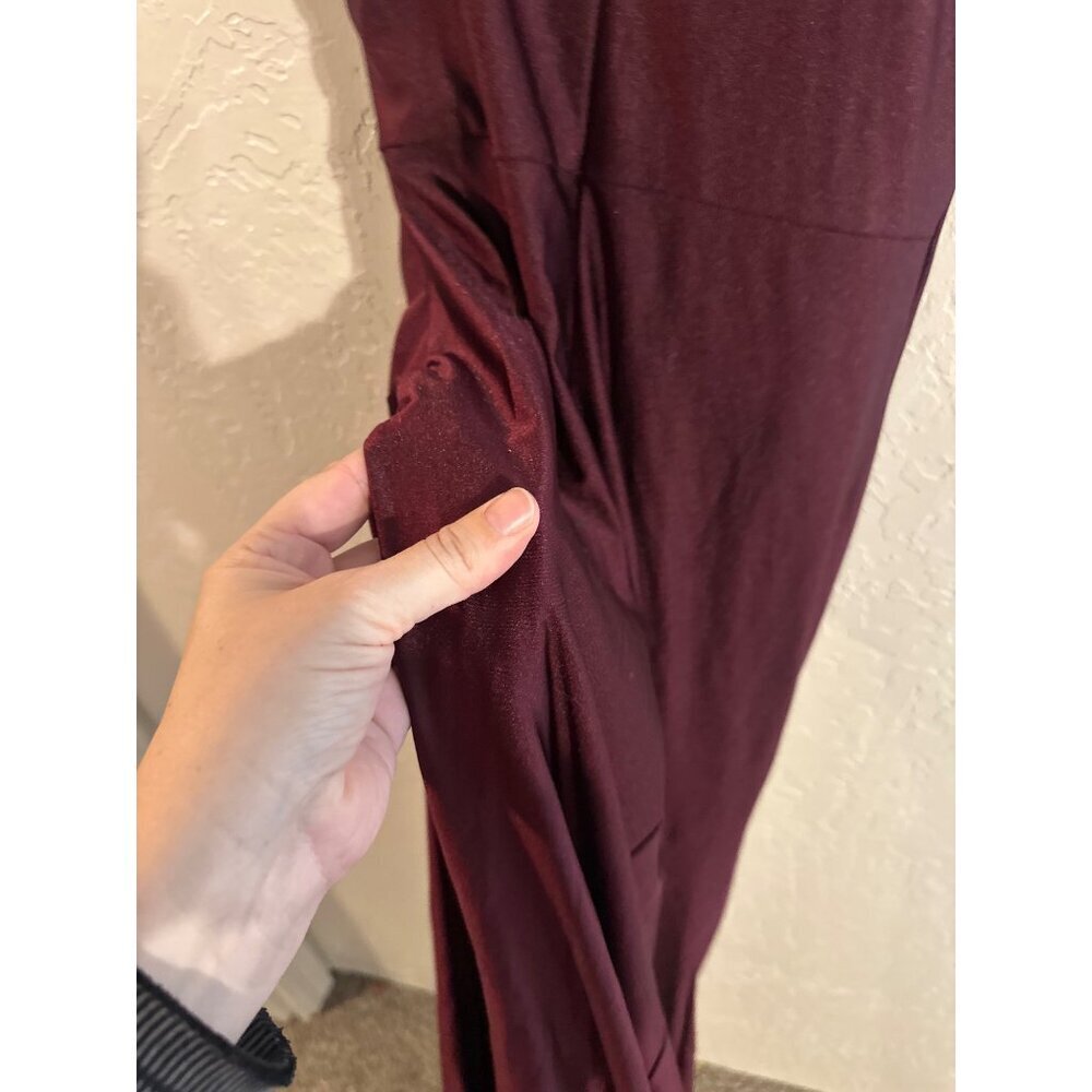 Y La Scala 90’s Burgundy Moody V Neck Spaghetti Strap Ruched Long Evening Gown - Picture 14 of 16